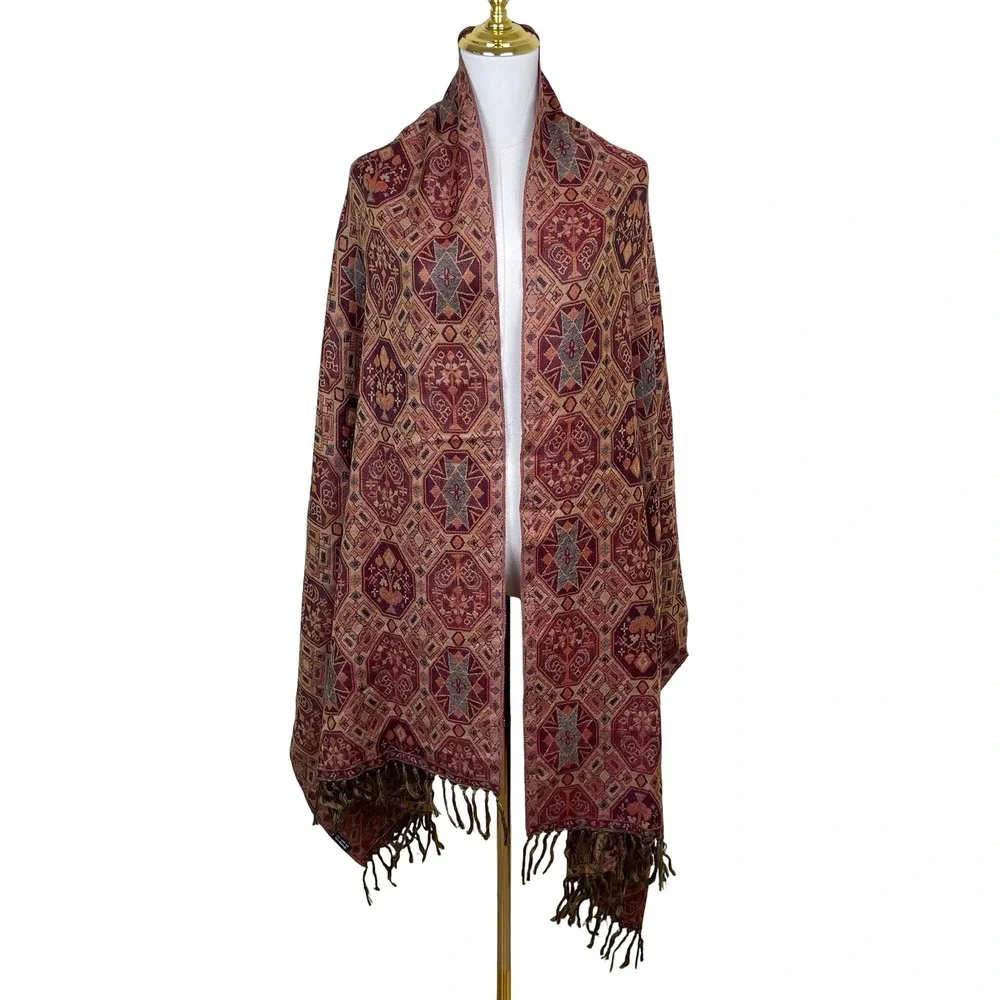 Vintage Pure Wool Pashmina Geometric Medallion Fringed Shawl Wrap Red Brown Gold